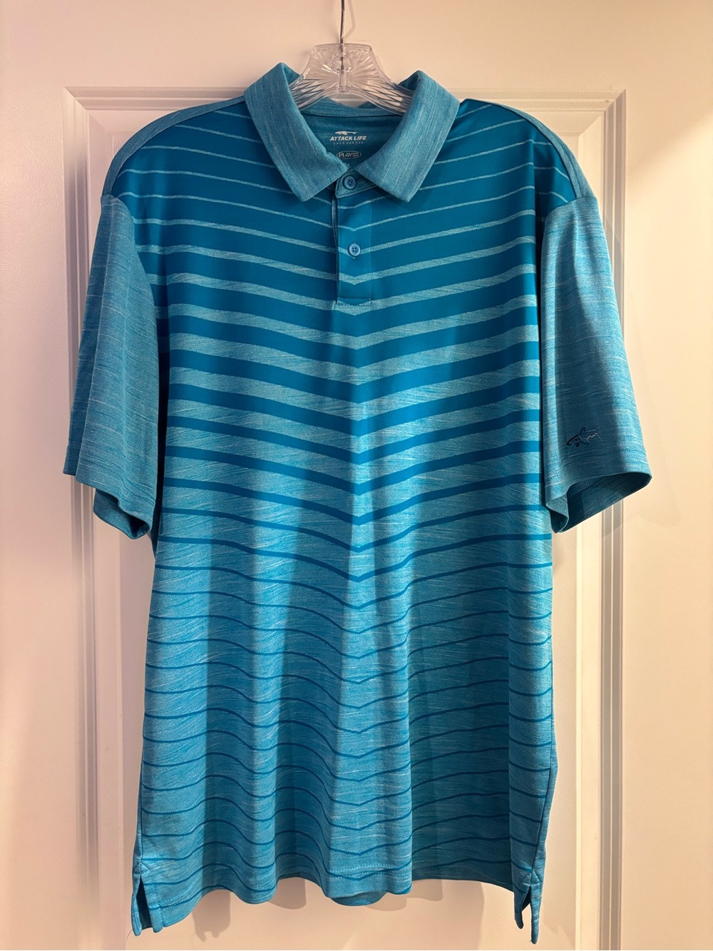 Attack Life by Greg Norman Teal Striped Performance Polo